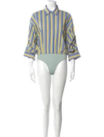 Pre-owned Staud Striped Short Sleeve Bodysuit In Blue