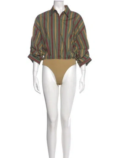 Pre-owned Staud Striped Short Sleeve Bodysuit In Green