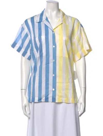Pre-owned Staud Striped Short Sleeve Button-up Top W/ Tags In Blue