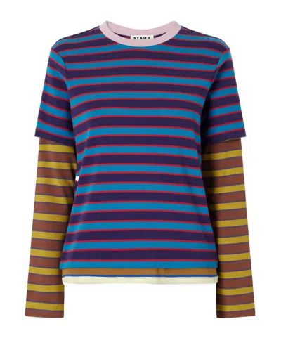 Staud Striped Stretch Cotton-jersey T-shirt In Blue