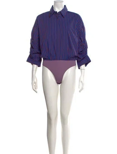 Pre-owned Staud Striped Three-quarter Sleeve Bodysuit In Purple
