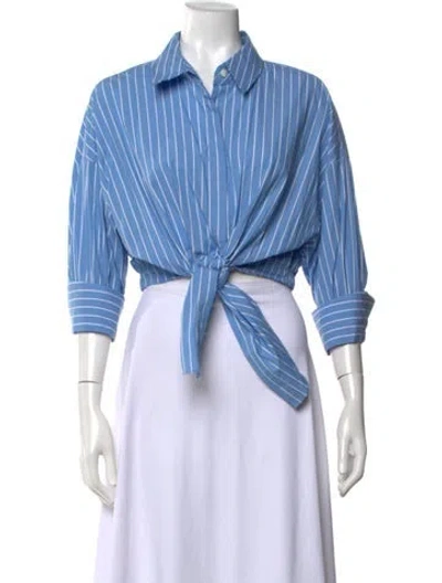 Pre-owned Staud Striped Three-quarter Sleeve Button-up Top In Blue