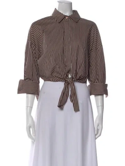 Pre-owned Staud Striped Three-quarter Sleeve Button-up Top In Brown