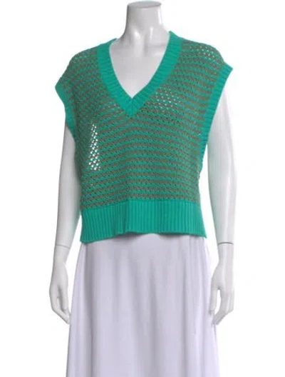 Pre-owned Staud Striped V-neck Crop Top In Green