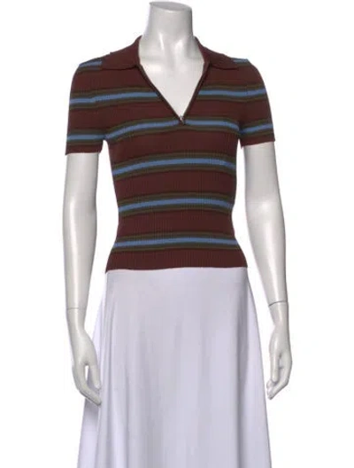 Pre-owned Staud Striped V-neck Polo W/ Tags In Brown
