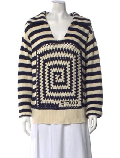 Pre-owned Staud Striped V-neck Sweater In Blue/neutrals