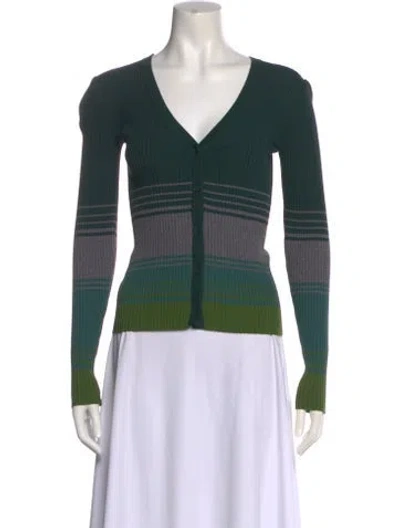 Pre-owned Staud Striped V-neck Sweater In Green