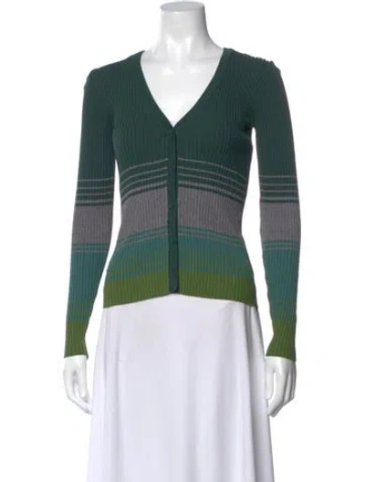 Pre-owned Staud Striped V-neck Sweater In Green