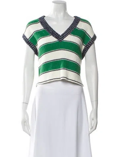 Pre-owned Staud Striped V-neck Sweater In Green