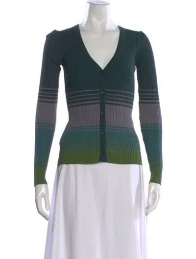 Pre-owned Staud Striped V-neck Sweater In Green