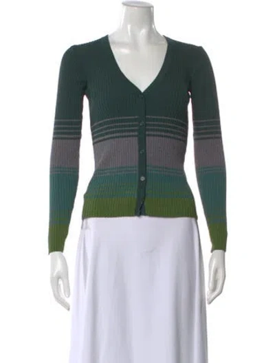 Pre-owned Staud Striped V-neck Sweater In Green