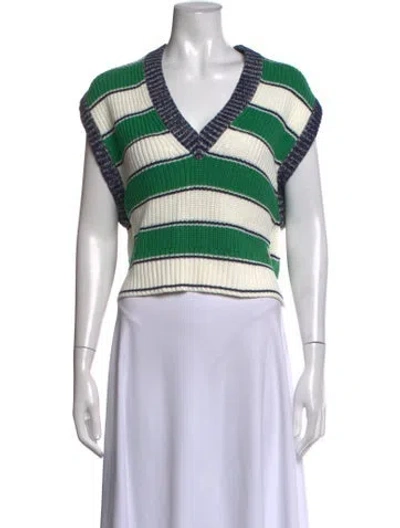 Pre-owned Staud Striped V-neck Sweater In Green