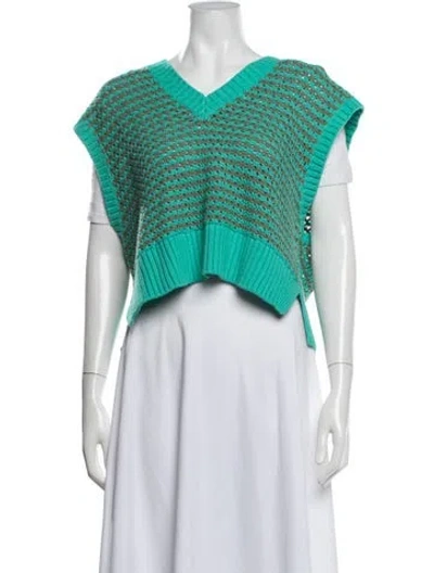 Pre-owned Staud Striped V-neck Sweater In Green