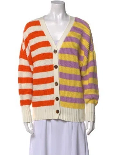 Pre-owned Staud Striped V-neck Sweater In White