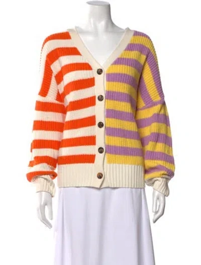 Pre-owned Staud Striped V-neck Sweater In White