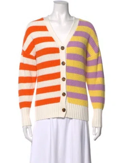 Pre-owned Staud Striped V-neck Sweater In White
