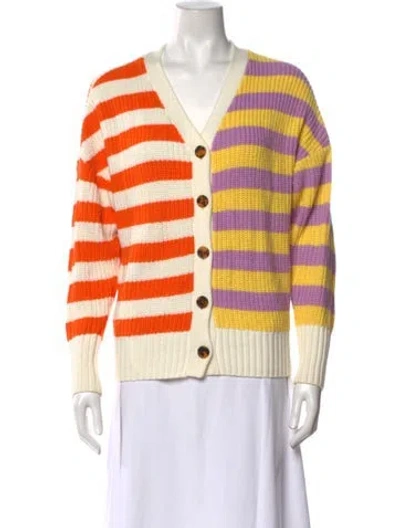 Pre-owned Staud Striped V-neck Sweater In White