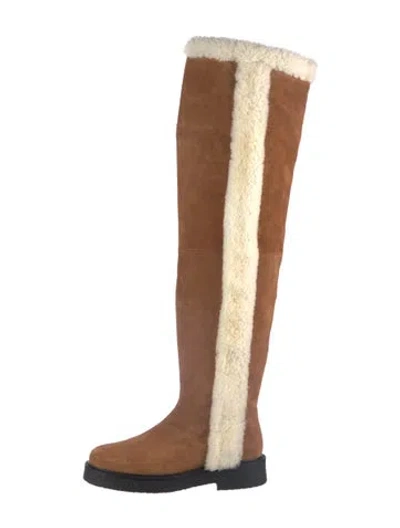 Pre-owned Staud Suede Fur Trim Boots In Neutrals