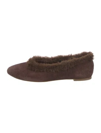 Pre-owned Staud Suede Fur Trim Flats In Brown