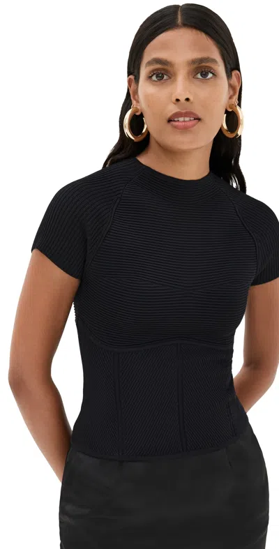 Staud Tigereye Directional Rib Short Sleeve Sweater In Black