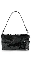 Staud Timmy Leather-trimmed Sequined Satin Shoulder Bag In Black