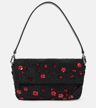 Staud Timmy Leather-trimmed Embellished Satin Shoulder Bag In Black