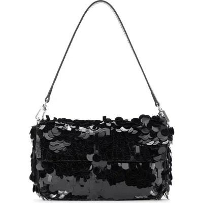 Staud Timmy Leather-trimmed Sequined Satin Shoulder Bag In Black