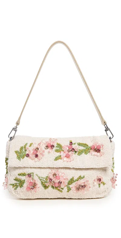 Staud Timmy Leather-trimmed Beaded Satin Shoulder Bag In Off-white