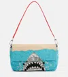 Staud Timmy Leather-trimmed Beaded Satin Shoulder Bag In Blue