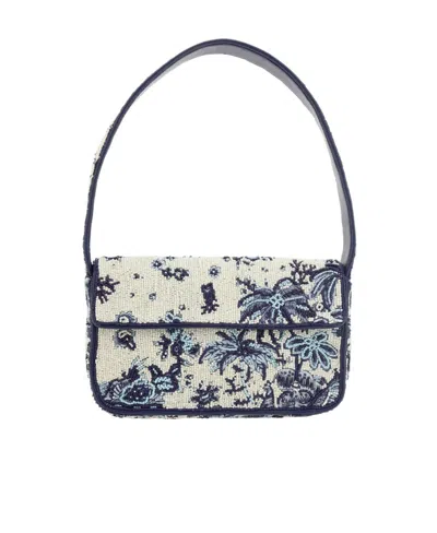 Staud Tommy Beaded Embroidered Faux Leather Shoulder Bag In Blue