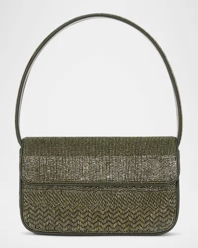 Staud Tommy Beaded Faux Leather-trimmed Satin Shoulder Bag In Avocado