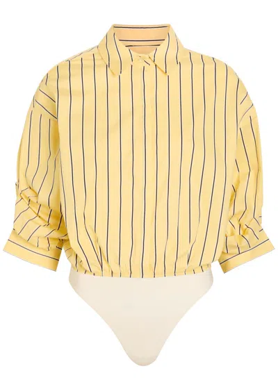 Staud Traverse Striped Stretch-cotton Poplin Shirt Bodysuit In Yellow