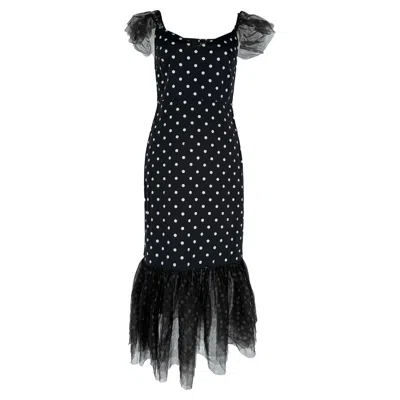 Pre-owned Staud Tulle Trim Polka Dot Midi Dress In Black Cotton