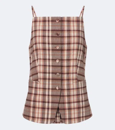 Staud Una Plaid Linen-blend Top In Brown