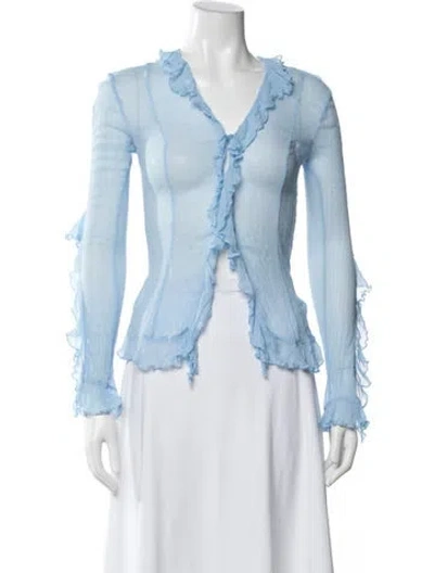 Pre-owned Staud V-neck Long Sleeve Blouse In Blue