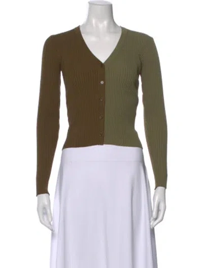Pre-owned Staud V-neck Long Sleeve Button-up Top In Green