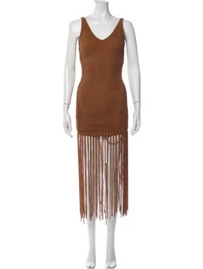 Pre-owned Staud V-neck Midi Length Dress In Brown