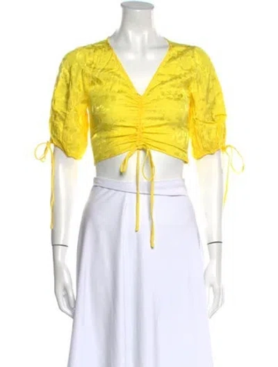 Pre-owned Staud V-neck Short Sleeve Crop Top In Yellow