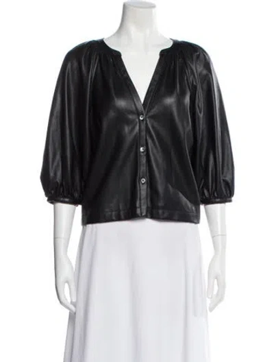 Pre-owned Staud V-neck Three-quarter Sleeve Blouse In Black