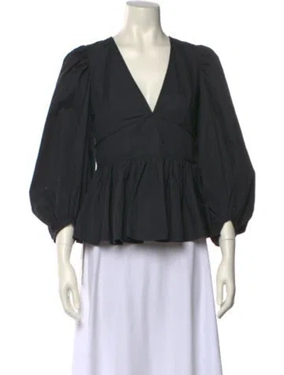 Pre-owned Staud V-neck Three-quarter Sleeve Blouse In Black