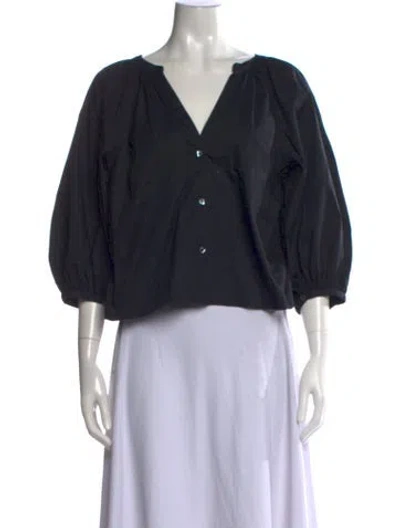 Pre-owned Staud V-neck Three-quarter Sleeve Blouse In Black