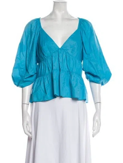 Pre-owned Staud V-neck Three-quarter Sleeve Blouse In Blue