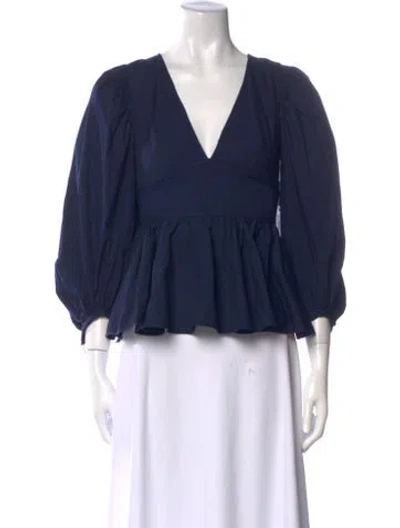 Pre-owned Staud V-neck Three-quarter Sleeve Blouse In Blue