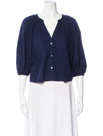Pre-owned Staud V-neck Three-quarter Sleeve Blouse In Blue
