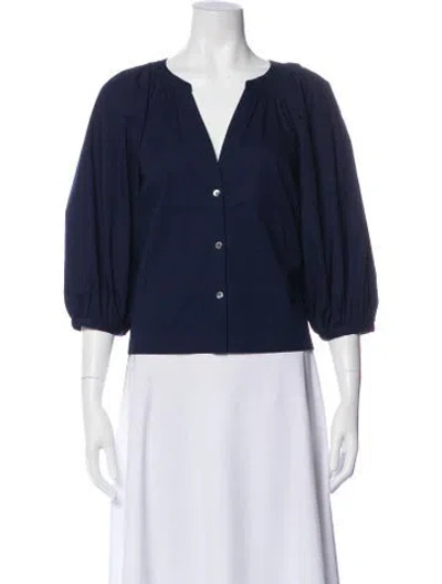 Pre-owned Staud V-neck Three-quarter Sleeve Blouse In Blue
