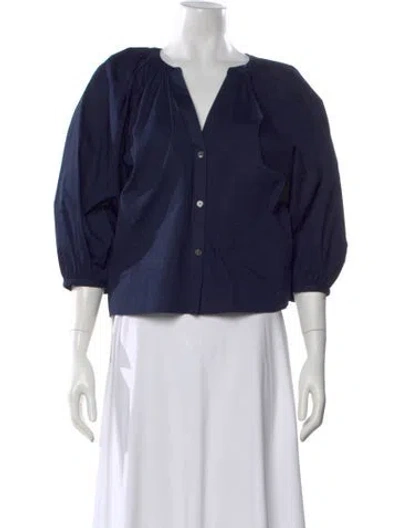 Pre-owned Staud V-neck Three-quarter Sleeve Blouse In Blue