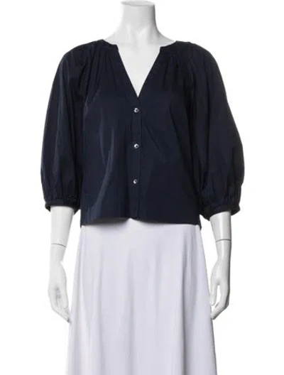 Pre-owned Staud V-neck Three-quarter Sleeve Blouse In Blue