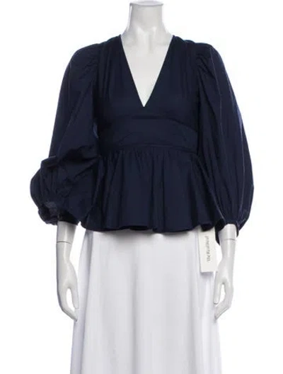 Pre-owned Staud V-neck Three-quarter Sleeve Blouse In Blue