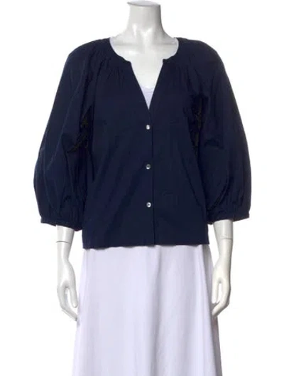 Pre-owned Staud V-neck Three-quarter Sleeve Blouse In Blue