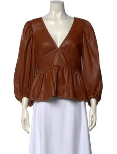 Pre-owned Staud V-neck Three-quarter Sleeve Blouse In Brown
